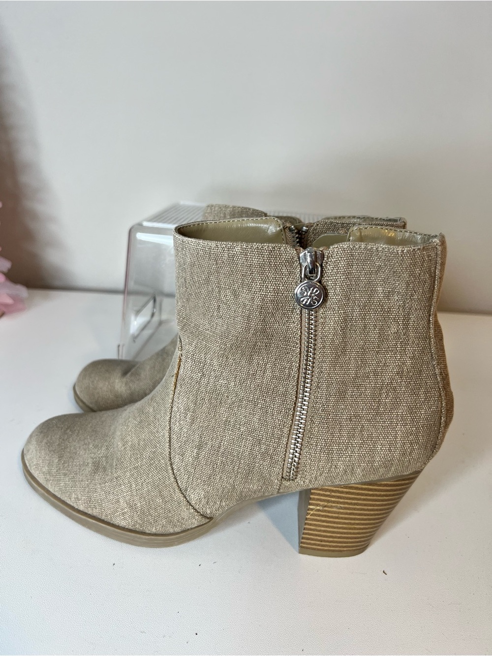 Vera Wang Linen-Textured Neutral Ankle Booties with Side Zip